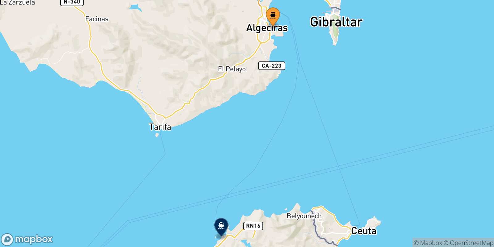 Mappa della rotta Algeciras Tangeri Med