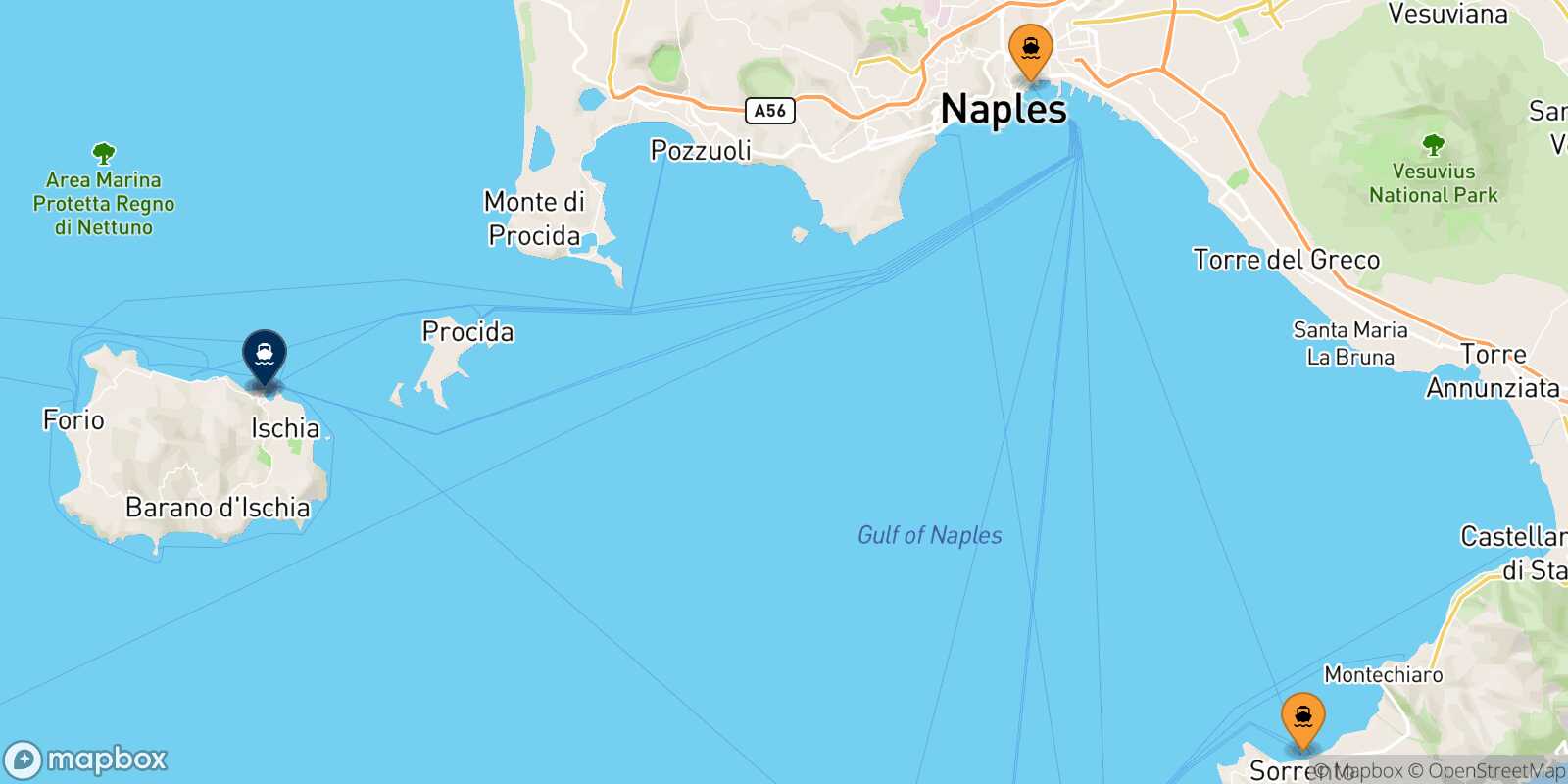 Mappa dei porti collegati con  Ischia