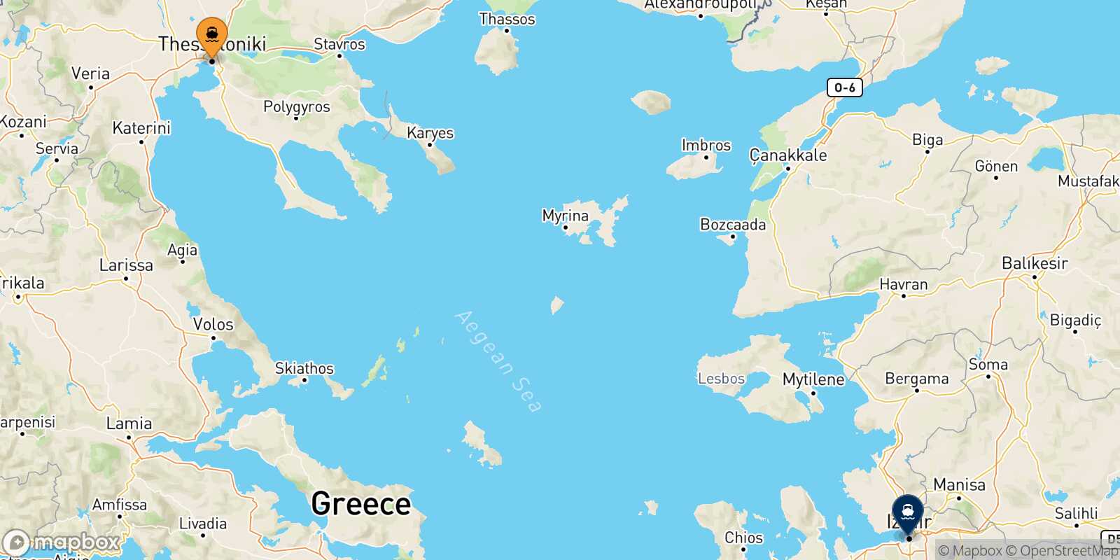Mappa delle destinazioni raggiungibili da Salonicco