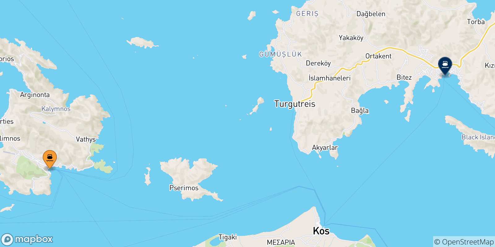 Mappa delle possibili rotte tra Kalymnos e la Turchia