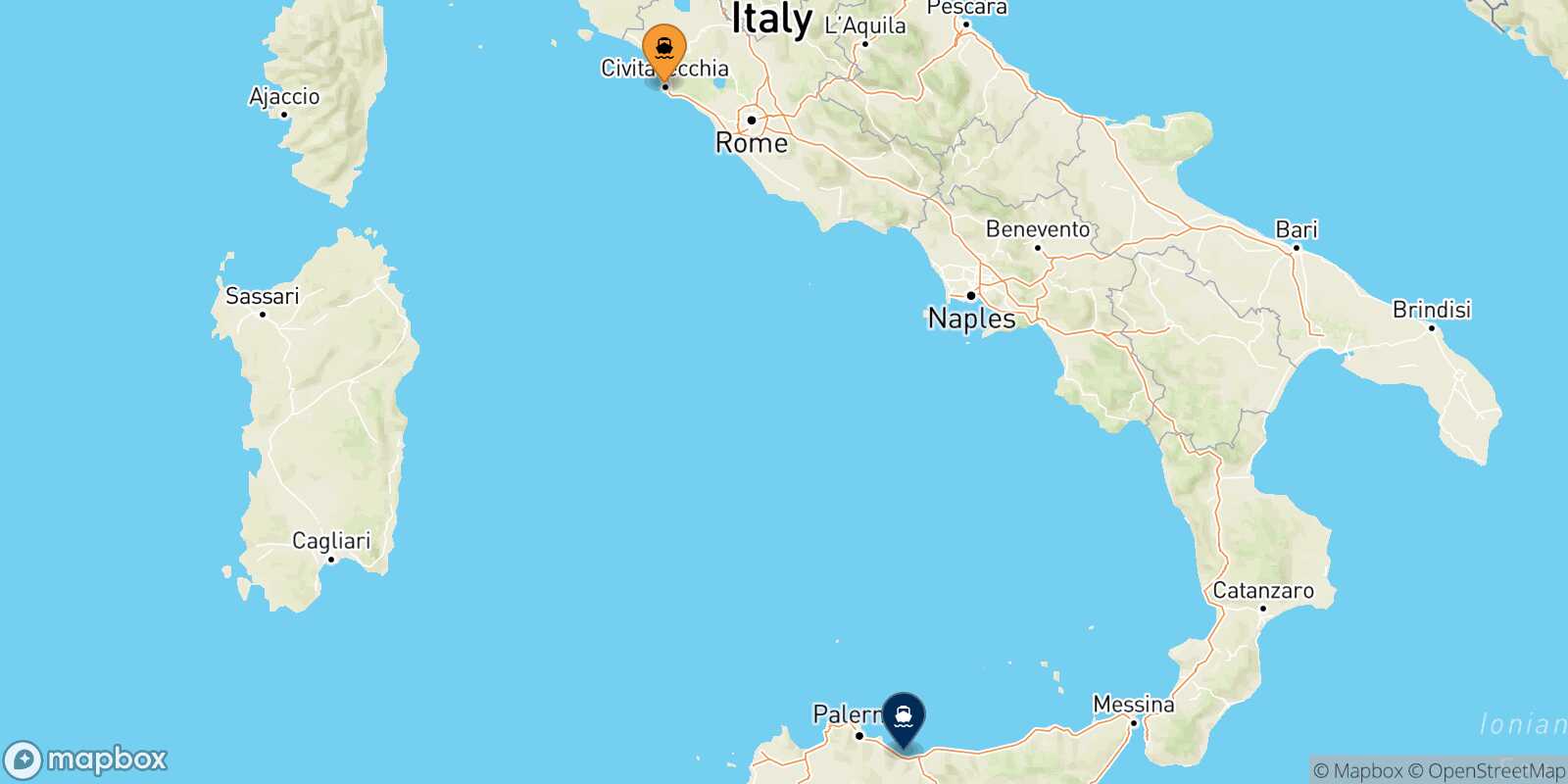 Mappa della rotta Civitavecchia Termini Imerese