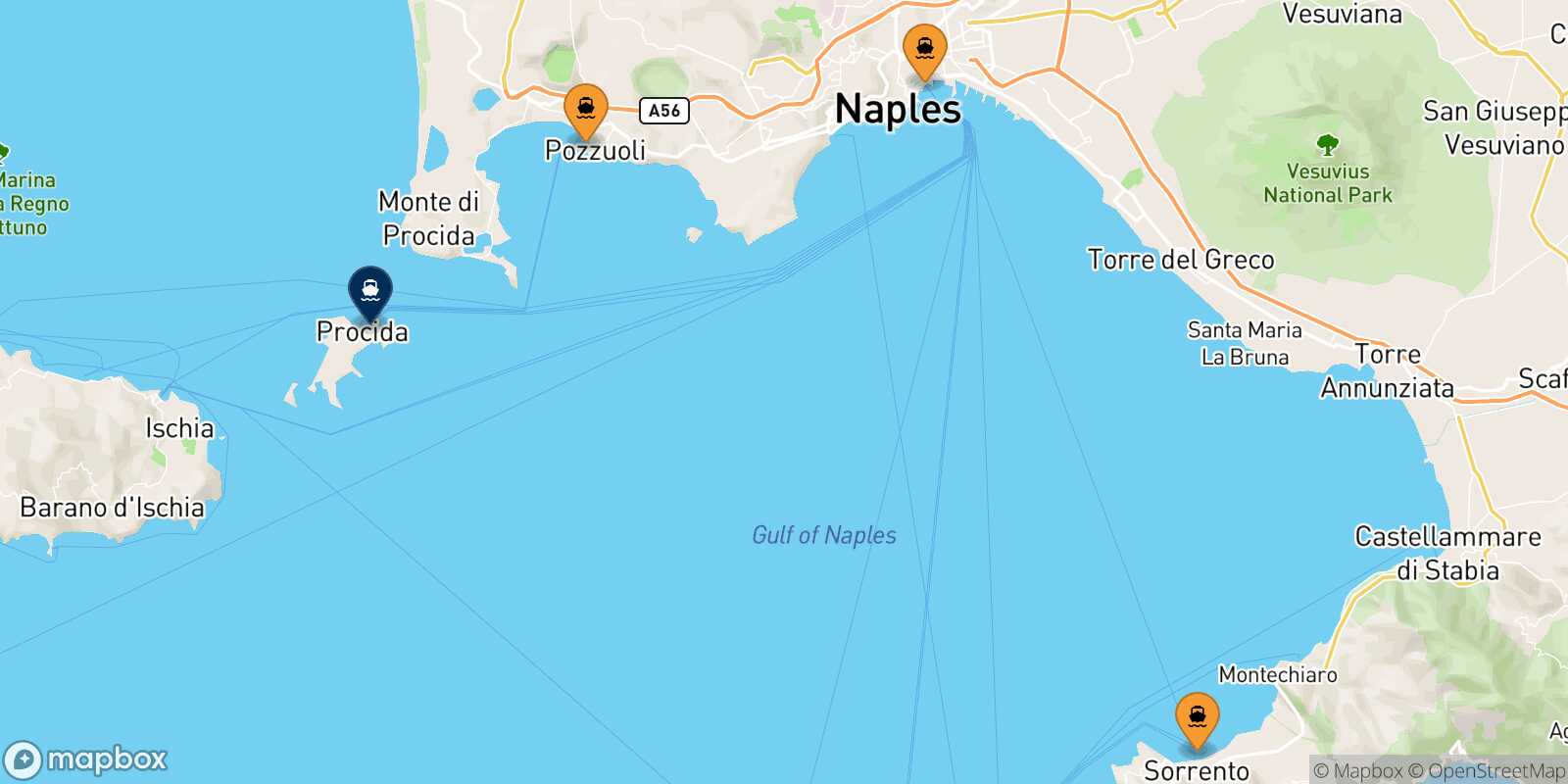 Mappa dei porti collegati con  Procida