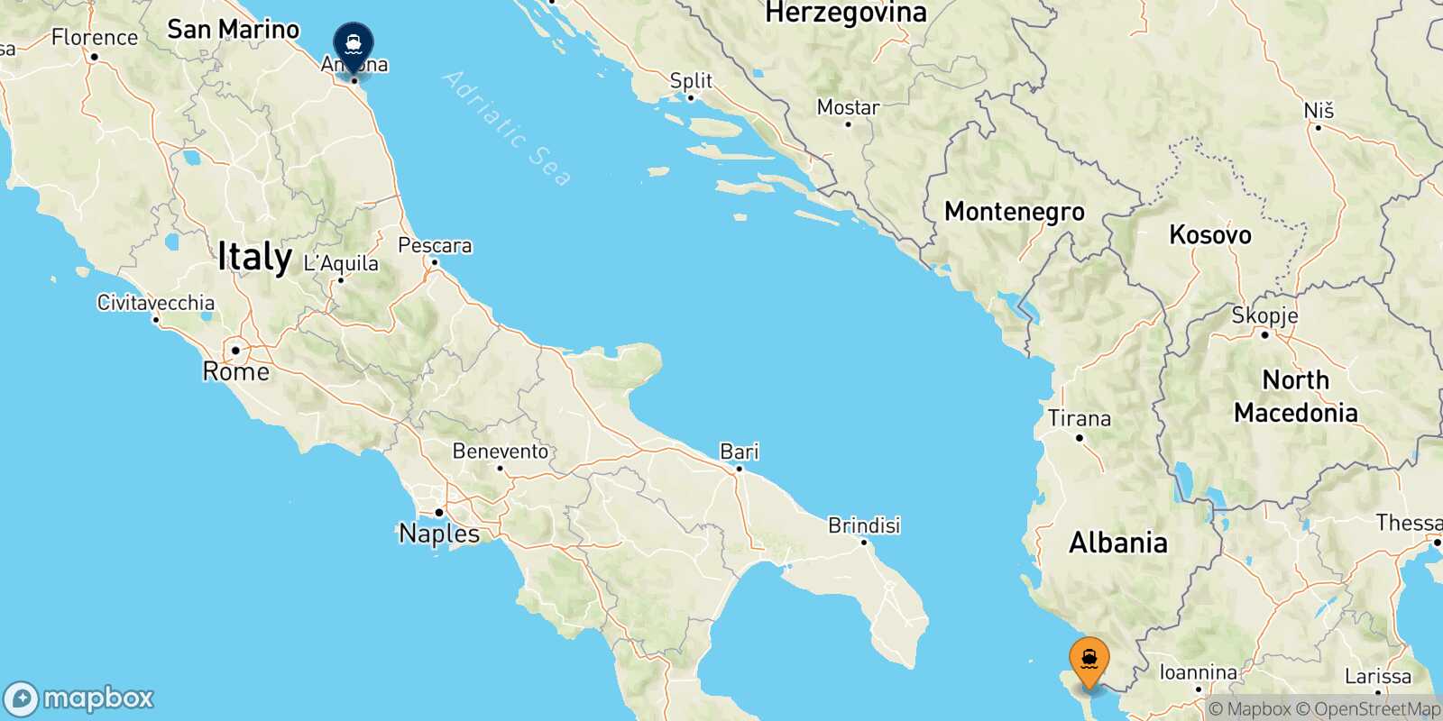 Mappa della rotta Corfu Ancona