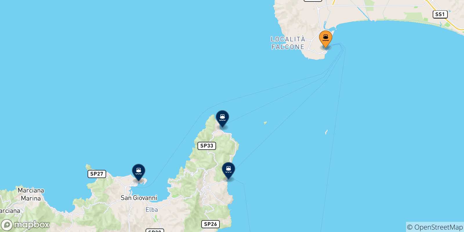 Mappa delle possibili rotte tra Piombino e l'Isola D'elba