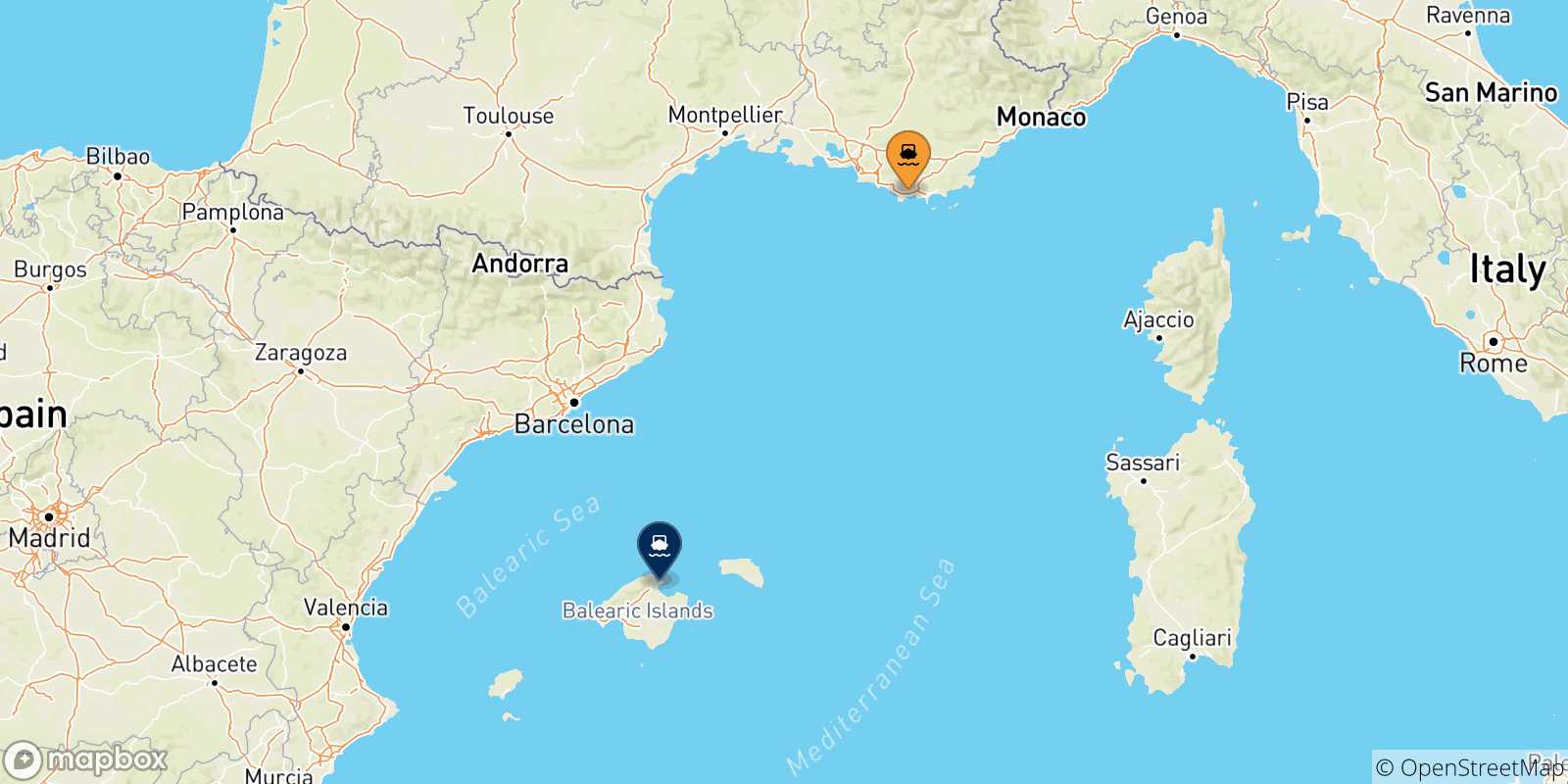 Mappa delle possibili rotte tra Tolone e le Isole Baleari